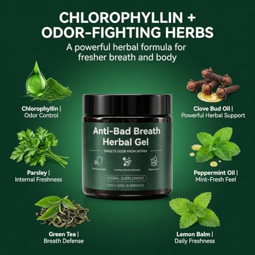 Anti-Bad Breath Herbal Gel Supplement - Body & Breath Odor Control from The Inside – Internal Deodorant, Natural Herbal Deodorant Gel with Parsley and Chlorophyll, Full Body Deodorizer (1) 1