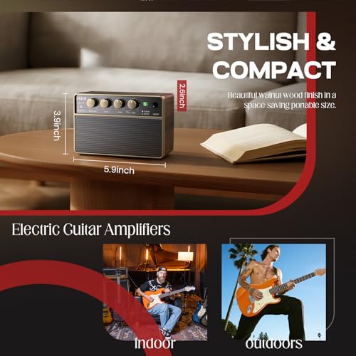 Mini Electric Guitar Amp, Rechargeable 10W Small Portable Guitars Amplifier 5.9*3.9*2.6in Clean/Drive Channels,Wireless Audio,USB-C,6H Working,Headphone Out/AUX In,Compact Practice Travel Speaker Amps Brown
