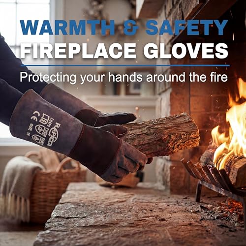 RAPICCA Fireplace Fire Pit Gloves, 932°F Fireproof Leather, 16in Dark Grey Dark-grey(length 16in)