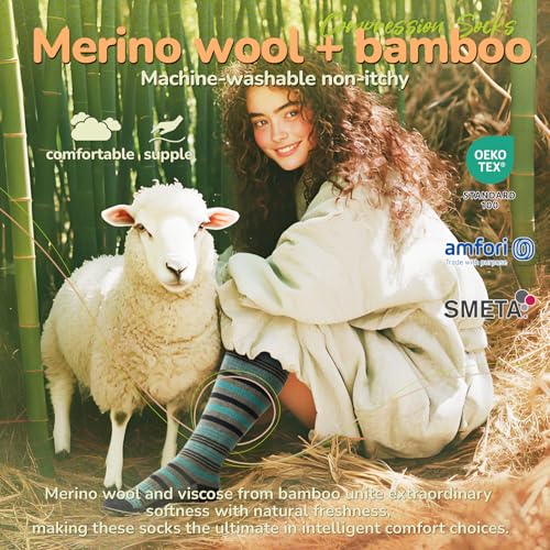Merino Wool Compression Socks for Women Men 15-20 mmHg for flying Large-X-Large Red&Yellow&Blue