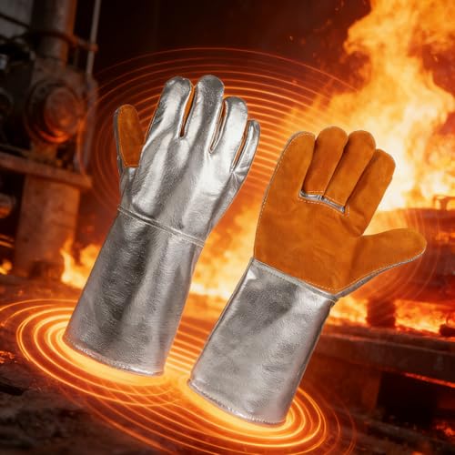 Aluminized Leather Heat Resistant Gloves – Heavy Duty Pottery Kiln Gloves for Ceramic Firing, High Temperature Handling, and Studio Safety