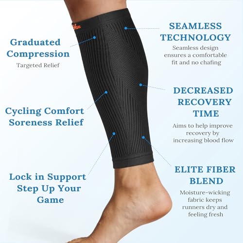 Flat Knit Calf Compression Sleeves for Men & Women, Shin Splint Relief Black-Large