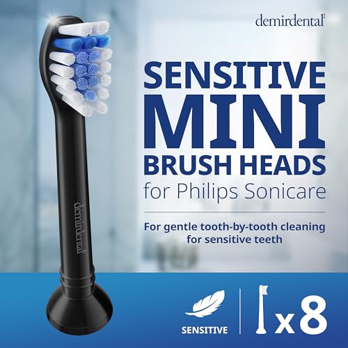 demirdental Toothbrush Heads mini Sensitive Compatible with Philips Sonicare Toothbrush Heads - Soft & Small Replacement Heads for Sensitive Teeth - Black - Replaces HX6088b - 8 Pack