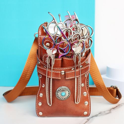 Hairstylist Waist Bag, 7-Slot PU Leather Barber Scissors Tool Bag Shear Holder, Detachable Hair Cutting Organizer for Combs, Clippers, and Spray Bottles (Coffee) Coffee