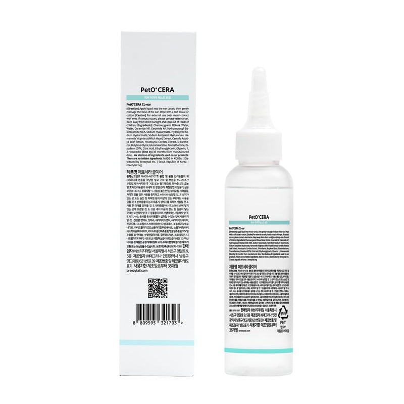 PetO’Cera CL’Ear Ear Cleaner for Dogs & Cats with 52% Hinoki Cypress Water, Cica & Heartleaf Extract, Soothes Itching, Removes Debris, Odor, Alcohol-Free, Fragrance-Free, Hypoallergenic, 4 fl oz