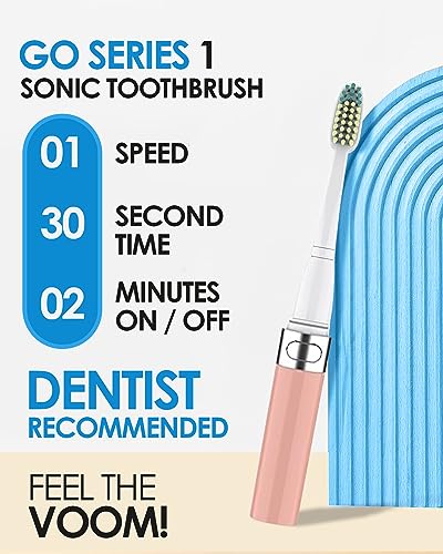 Voom Sonic Go 1 Series Travel Electric Toothbrush + 4PK Brush Heads, Travel Toothbrushes - Battery Operated Toothbrush for Adults & Kids, Portable with 2 Minute Timer (Pink)