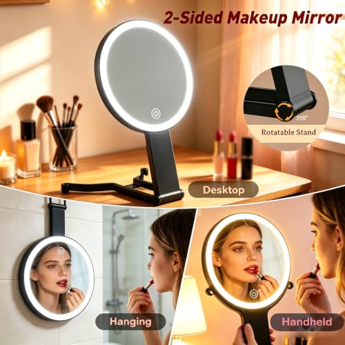 Travel Makeup Mirror with Lights & Foldable Stand, 6" Double Sided 1X/10X Magnifying Portable Lighted Hand Mirror for Men Women, 1X for Full Face & 10X Basic Magnification for Apply Eyebrow Black(1/10x)