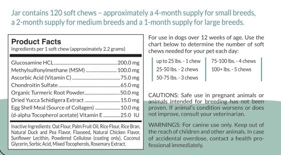 Hip and Joint Supplement for Dogs with Natural Ingredients Glucosamine Chondroitin MSM Turmeric and Collagen Dog Joint Soft Chews for Mobility Support USA Made 120 Count