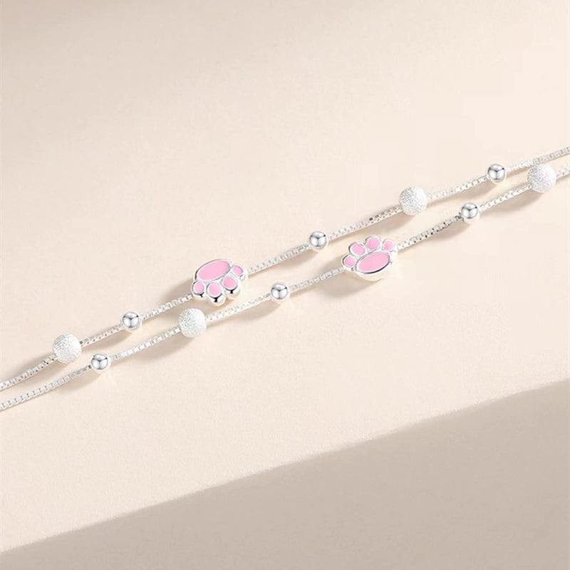 UUONLY Rose Gold Plated S925 Silver Cat Paw Print Necklace Bracelet, Cat Dog Paw Pink Crystal Paw Pendant Necklace, Cat Paw Jewerly Set for Women Bracelet 1 - BeesActive Australia