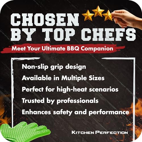 KITCHEN PERFECTION Silicone Smoker Oven Gloves -Extreme Heat Resistant BBQ Gloves-Handle Hot Food Right on Your Grill Fryer&Pit|Waterproof Grilling Cooking Baking Mitts |Superior Value Set +2 Bonuses Green One Size