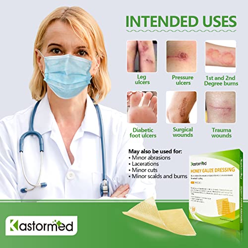 Kastormed Honey Gauze Dressing, Manuka Honey Wound Care, Medical Grade Honey Patches for Faster Wound Care, Burn Dressing, Sterile 4'' x 4'' (Pack of 10)