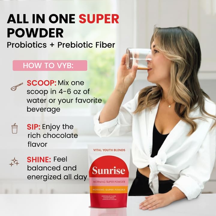 VYB All-in-One Super Powder with Vitamins, Superfoods, Probiotics, Functional Mushrooms, & DIM for Gut Health, Energy, Mood, Hormone Support & Wellness -Chocolate Flavor - 30 Servings