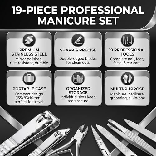 19-Piece Nail Clippers Set: Professional Fingernail & Ingrown Toenail Clipper Cutters for Men and Women – Stainless Steel Grooming Kit with Stylish Leather Travel Case! (Black-19Pcs) Black-19pcs