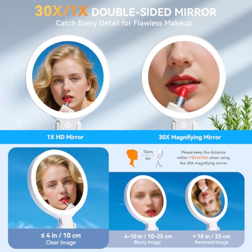 Auxmir 30X/1X Magnifying Travel Makeup Mirror with Lights, 3-Color Dimmable White