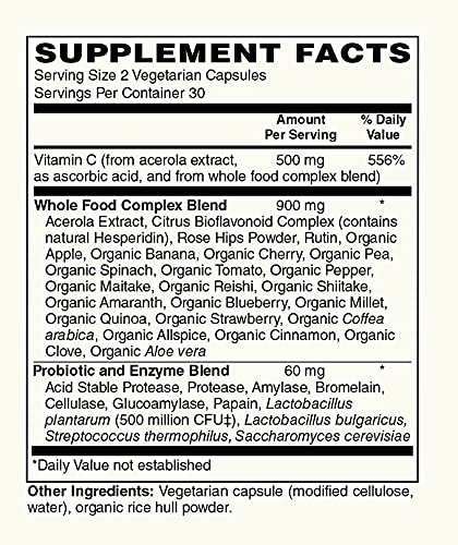 Vitamin C | 500mg Whole Food Vitamin C from Acerola Cherry Extract with Citrus Bioflavonoid Complex | 23 Organic Fruits & Vegetables Blend | Probiotics and Enzymes | 60 Vegan Capsules