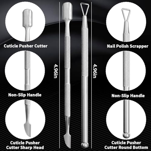 2 Pcs Stainless Steel Cuticle Pusher and Remover with Storage Case for Manicure Pedicure