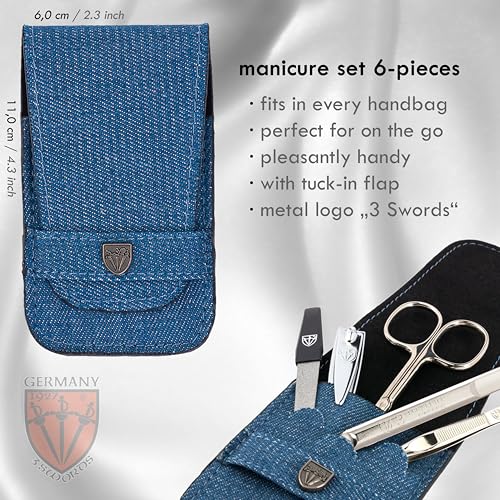 3 Swords Germany - brand quality 6 piece manicure pedicure grooming kit set for professional nail care with jeans textile case - Made in Germany TEXTILE BLUE JEANS
