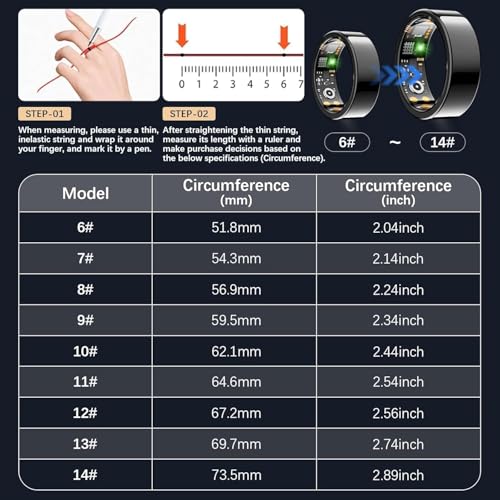 Smart Health Ring for Women Men, Fitness Tracker Ring with Heart Rate, Blood Oxygen, Sleep Tracker, Step Tracker, No Subscription Fee, IP68 Waterproof Smart Ring for iphone & Android (Black, 6#) Black 6#