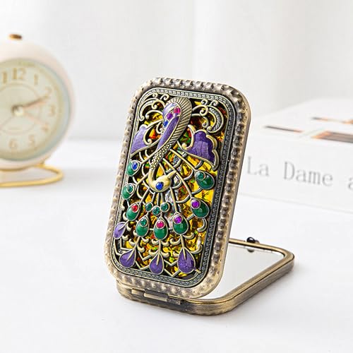 TANG SONG Peacock Vintage Handheld Purse Diamond Painting Compact Mirror Bronze