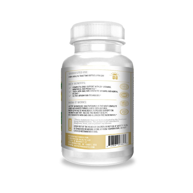 ACTIF Organic Multivitamin for Women Age 80+ with 20+ Advanced Factors and Omega-3 – Non GMO, Made in USA, 90 Count