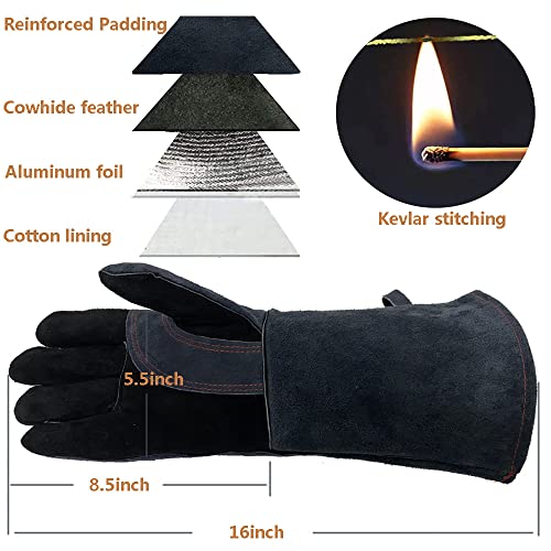 Welding Gloves Large 16 Inches 932℉ Heat Resistant Leather Forge/Mig/Stick Fire Resistant Gloves Black+dark Grey