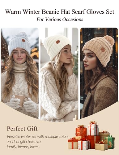 Hat Gloves Scarf Set For Women, Womens Winter Hats Fleece Lined Slouchy Beanie With Pom Scarf Thermal TouchScreen Gloves Sets Ivory