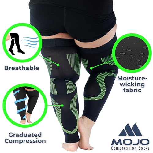 Mojo Compression Socks - 20-30mmHg Graduated Support Thigh-Hi Leg Sleeves with Grip Top - Reduces Swelling, Ideal for Varicose Veins, Lymphedema, DVT Treatment - 1 Pair 3X-Large Black/Green