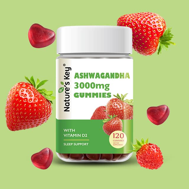 Nature's Key Ashwagandha Gummies, High Potency Ashwagandha Root Extract with Vitamin D2, for Men & Women, Stress, Calm Mood & Cognition, Strawberry Flavor (120 Count (Pack of 1) 120 Count (Pack of 1)