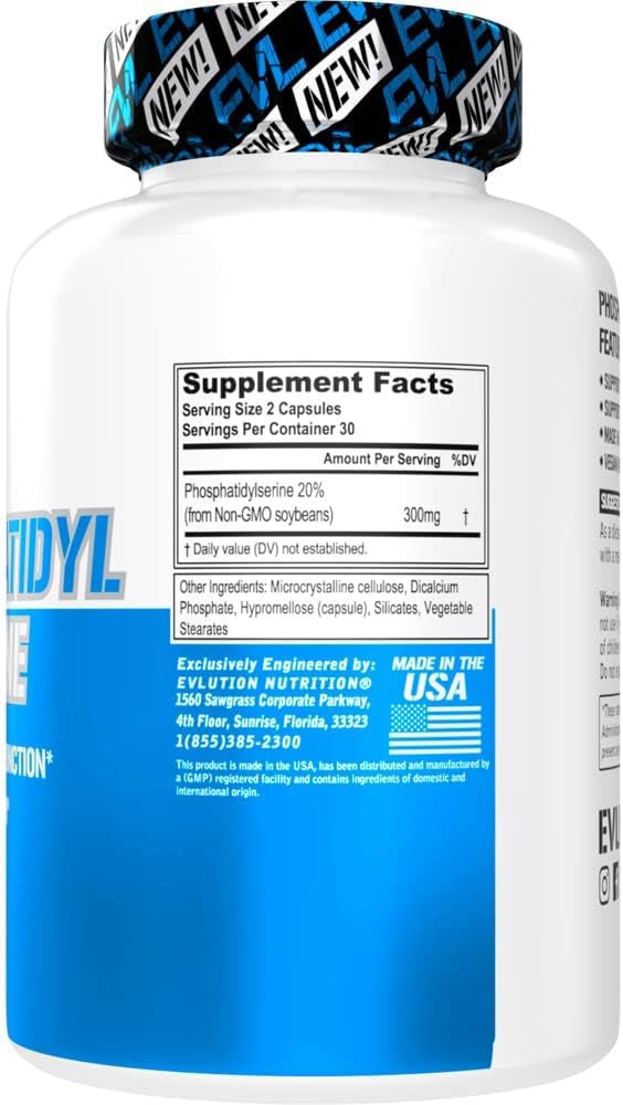 EVL Phosphatidylserine 300mg Brain Support Supplement - 30 Servings | Vegan, Non-GMO Phosphatidylserine Formula Supports Memory, Focus And Cognitive Function With 300Mg Per Serving 60 Count (Pack of 1)