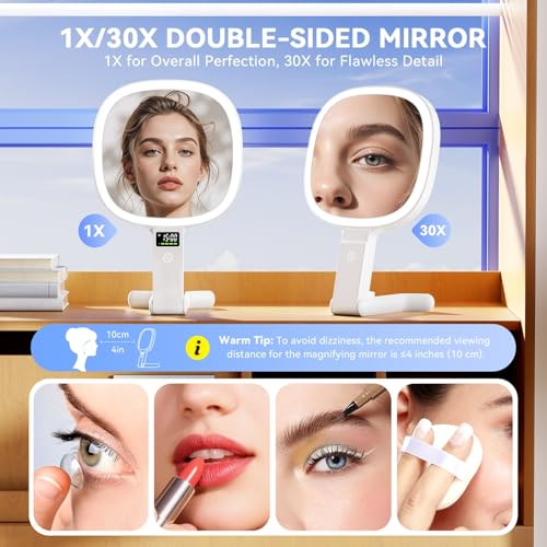 Auxmir 30X/1X Travel Makeup Mirror with Lights, LED Display, 3 Color Modes White