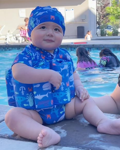 Baby Toddler Girls Boys Float Suit One Piece Rashguard Cartoon Short Sleeve Zip up Buoyancy Swimsuit +Cap 1-2T Blue