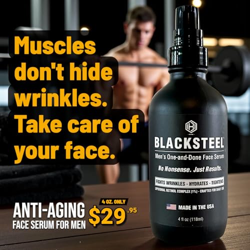 BLACKSTEEL Men's Anti-Aging Face Serum with Retinol & Hyaluronic Acid | One-Step Daily Wrinkle, Hydration & Firming Solution | Fast-Absorbing, Non-Greasy Skincare Made in USA | 4 oz Single Bottle 4 Fl Oz (Pack of 1)