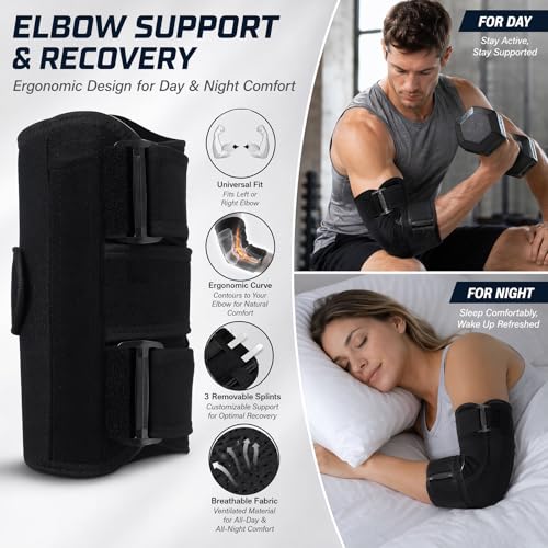 2026 Upgraded Elbow Brace for Cubital Tunnel with Tri-Support & 6 Interchangeable Rods - Ulnar Nerve Support Adjustable Night Splint for Tendonitis, Tennis Elbow for Men & Women