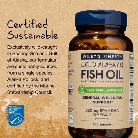 Wiley's Finest Wild Alaskan Easy Swallow Minis, 240 Count (Pack of 1) | Wild Alaskan Fish Oil, Easy Swallow Mini Softgels, 630 mg EPA and DHA, Omega-3 Supplement for Adults and Kids Unflavored 240 Count (Pack of 1)