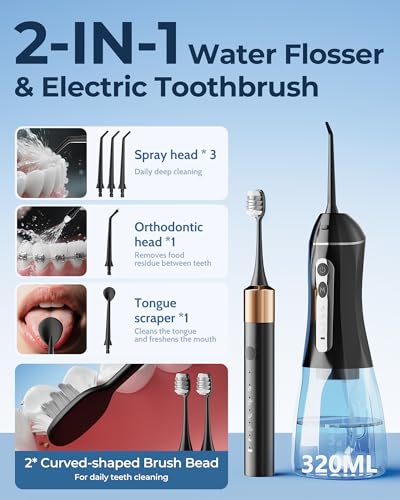 Electric Toothbrush with Water Flosser for Teeth, Sonic Electric Toothbrush and Electric Floss for Adults and Kids, Water Dental Picks, Cleaning and Flossing Dental Care, Waterproof Blacks