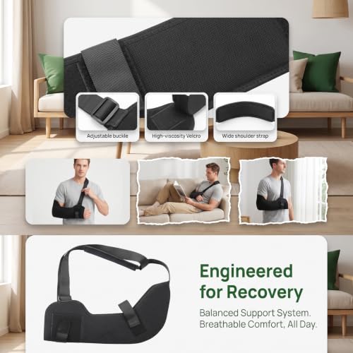 Elbow Immobilizer Arm Sling with L-Shaped Aluminum Support Plates, Breathable Forearm Brace with Wide Padded Shoulder Strap, 5 Adjustable Straps for Fracture, Sprain, Post Surgery Recovery(Black-M) Black Medium
