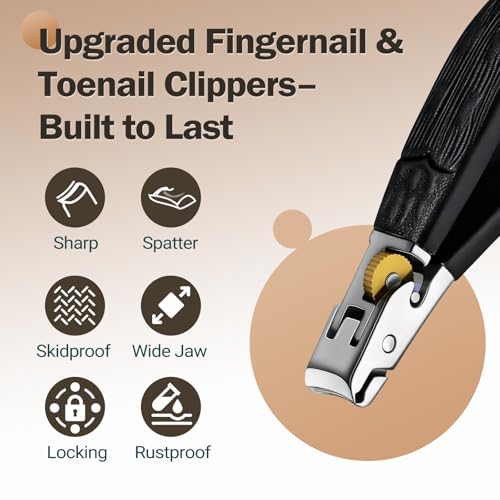 Sharp Toenail and Nail Clippers for Seniors – Heavy Duty for Thick Toenails & Fingernails, Wide Jaw, Anti-Slip Grip, Safety Lock & Splash Guard for Men, Women & Kids Black