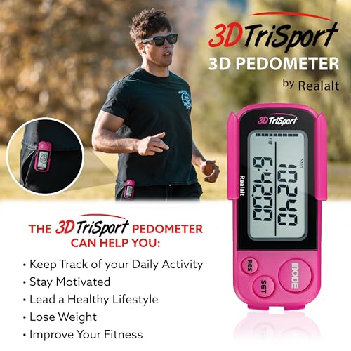 Realalt 3DTriSport 3D Walking Pedometer with Clip & Strap, Accurate Step Counter with 30-Day Memory, Distance in Miles/KM with Large Display Perfect for Seniors & Beginners, eBook Included Magenta