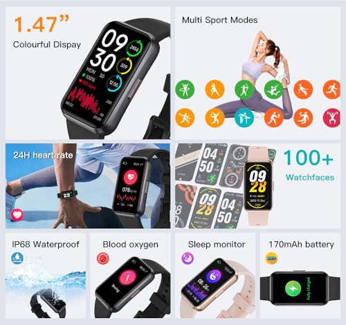 Fitness Trackers,Heart Rate Blood Oxygen Sleep Monitor,1.47‘’ OLED Display,Calorie Pedometer Steps Counter Activity watchs,Smart Band 24/7 Health Monitoring(Black) Black