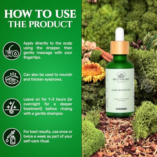 BetterGRO Organic Hair Growth Oil – Herbal & Natural Blend with Rosemary, Black Seed, Amla, Pumpkin Seed & More – Supports Growth, Strengthens Roots, Vegan & Cruelty-Free (1.7 fl oz)