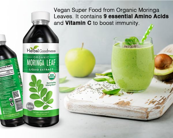 Herbal Goodness Organic Moringa Leaf Extract Liquid 12 Fl. oz - Tincture | Energy & Immune Support, Organic and Highly Bioavailable Alternative to Moringa Capsules & Powder Organic, Non-GMO