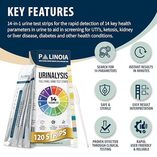 Palinoia 14-in-1 Full Panel Urine Test Strips for Urinalysis, 120 Count