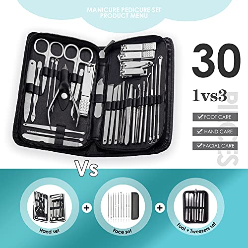 WOAMA Manicure Set 30 In 1 Nail Clipper Set Nail Kit For Women Men Stainless Steel Manicure Kit Professional with Travel Case 30 piece set Silver
