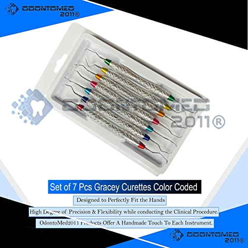 Set of 7 Gracey Periodontal Curettes 1/2-13/14 Double Ended Dual End Hollow Handle Color Coded & Chrome Plated Handle Dental Instruments with Protective Packing DN-2355