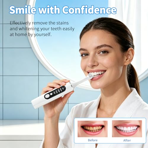 Tooth Polisher, Rechargeable Teeth Cleaning Tools for Tooth Polish and Whitening, Electric Teeth Cleaner with 3 Pastes, 5 Speeds, 6 Heads & LED Light, Waterproof Personal Dental Care Kit for Home Use White