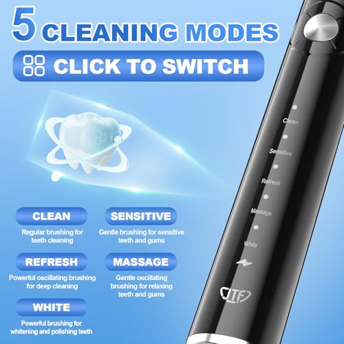 JTF Sonic Electric Toothbrush - with Travel Case and 6 Brush Heads, Fast Charging toothbrushes for 60 Days Long Lasting, 5 Modes Power Toothbrush for Women