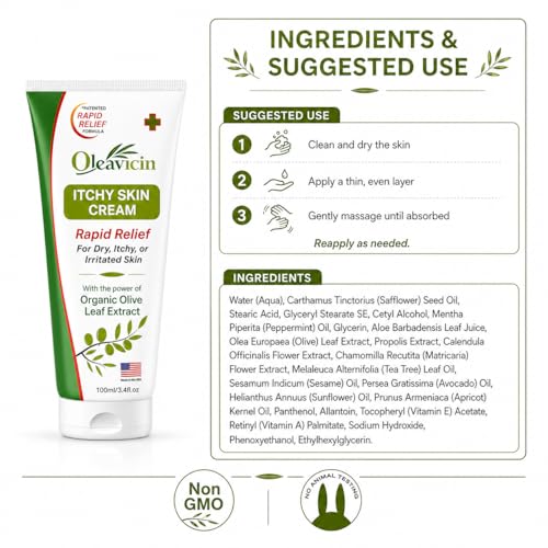Oleavicin Extra Strength Anti-Itch Cream - Itchy Skin Cream for Fast Itch Relief - Natural Anti Itch Cream for Adults & Kids - Organic Olive Leaf Extract - Steroid-Free Rash Relief for Sensitive Skin 1 Pack