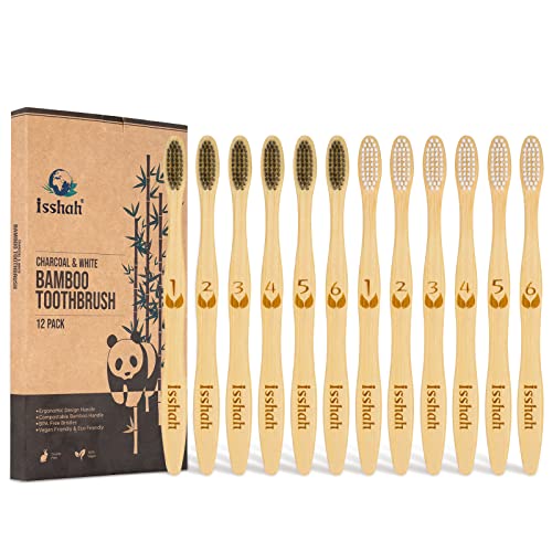 Isshah Bamboo Charcoal Toothbrushes 12 Count with Natural Dental Floss Picks 200 Count & Bamboo Cotton Swabs 500 Count