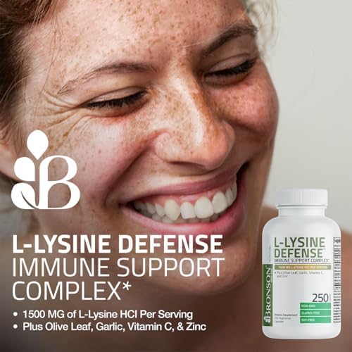 Bronson L-Lysine Defense Immune Support Complex, 1500 mg, 180 Capsules | Essential Amino Acid with Olive Leaf, Garlic, Vitamin C & Zinc, Vegetarian, Non-GMO, Gluten-Free & Soy-Free 180 Count (Pack of 1)