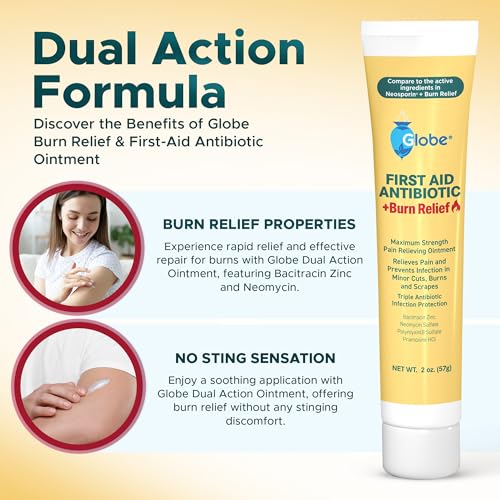 Globe First Aid Antibiotic Burn Relief, Maximum Strength Triple Antibiotic Ointment for 24-Hour Infection Protection 2 Ounce